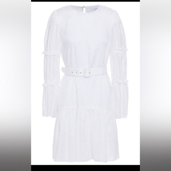 CAMI NYC Shawn White Belted Cotton and Silk Jacquard tiered sleeve mini dress SP - Picture 2 of 16